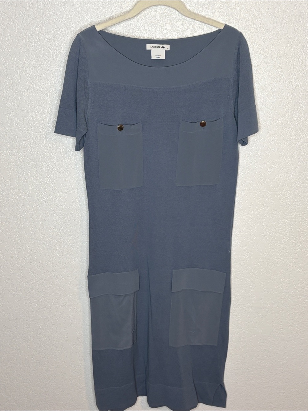 Lacoste Slate Blue Silk Accented Knit Midi Dress Size 34 EU (small) Old Money
